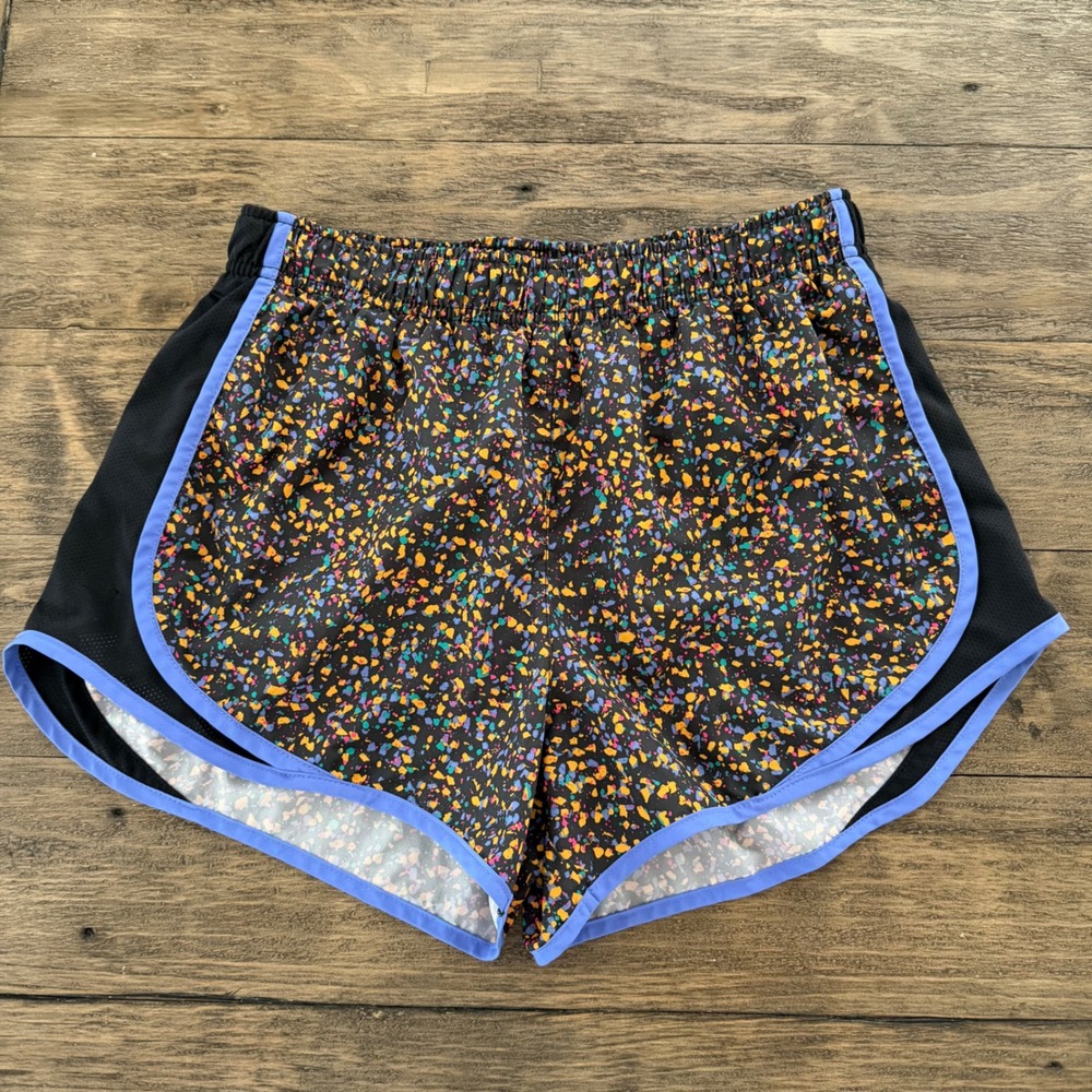 Nike Womens Dri-FIT Tempo Running Shorts Black Multi Color Splatter Paint medium